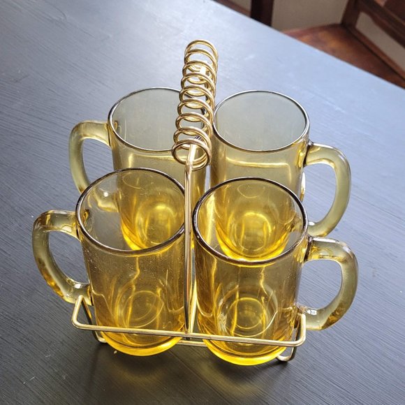Vintage Dining Vintage Mcm Hazel Atlas Beer Glass And Caddy Set